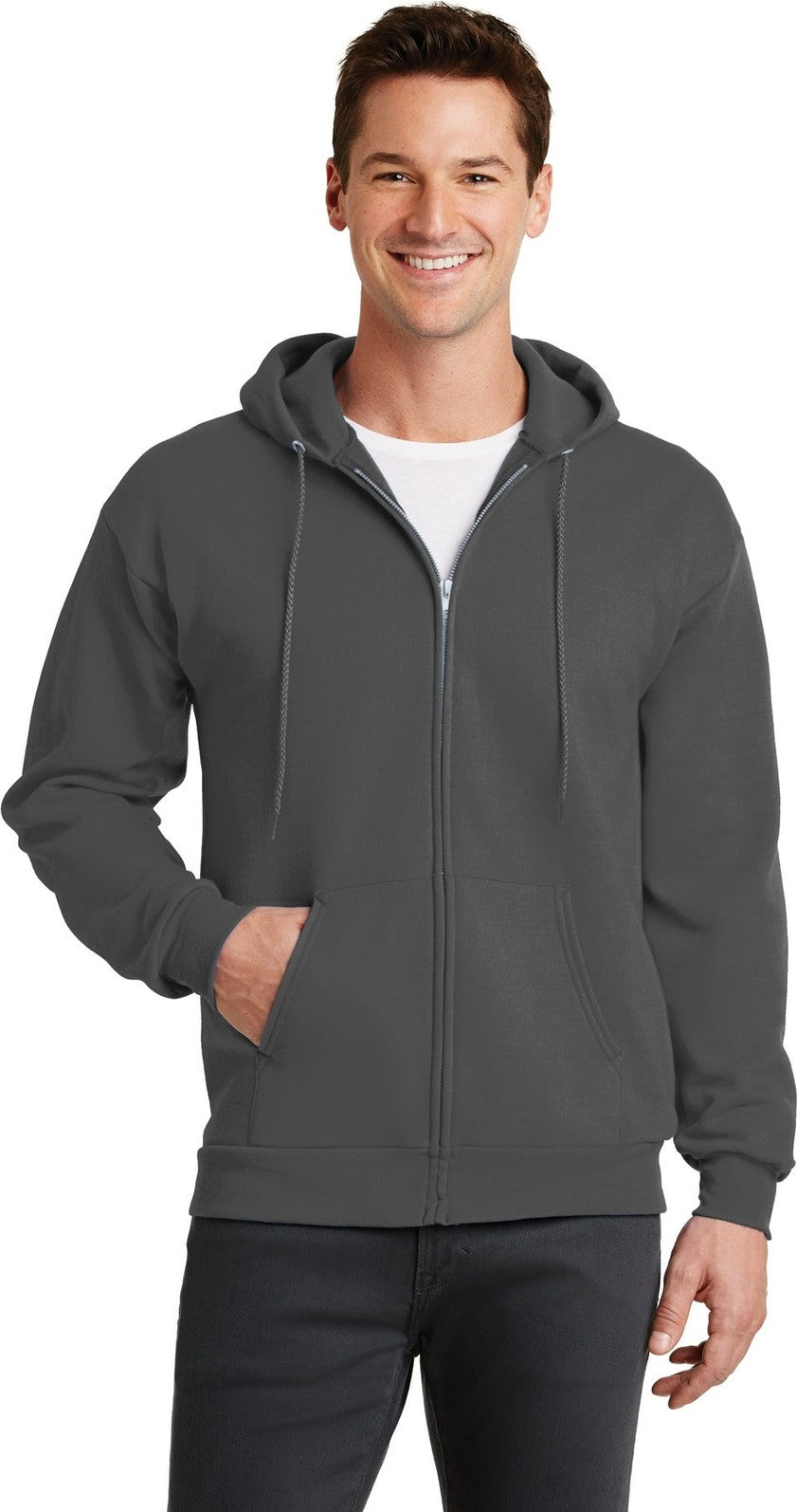 Front View of Charcoal Port & Co Core Fleece Full-Zip Hooded Sweatshirt. PC78ZH