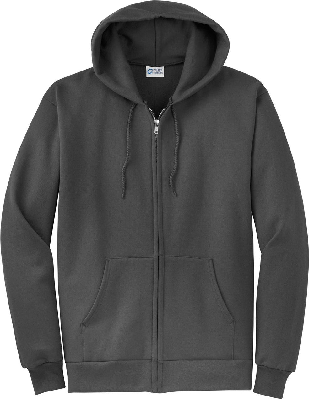 Front View of Charcoal Port & Co Core Fleece Full-Zip Hooded Sweatshirt. PC78ZH