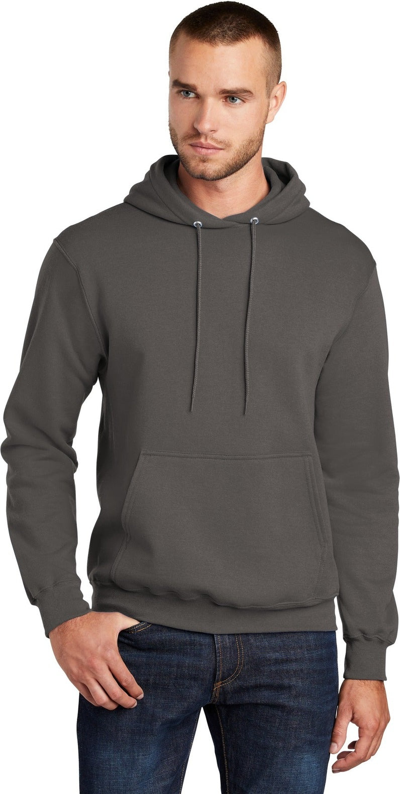 Front View of Charcoal Port & Co Core Fleece Pullover Hooded Sweatshirt. PC78H