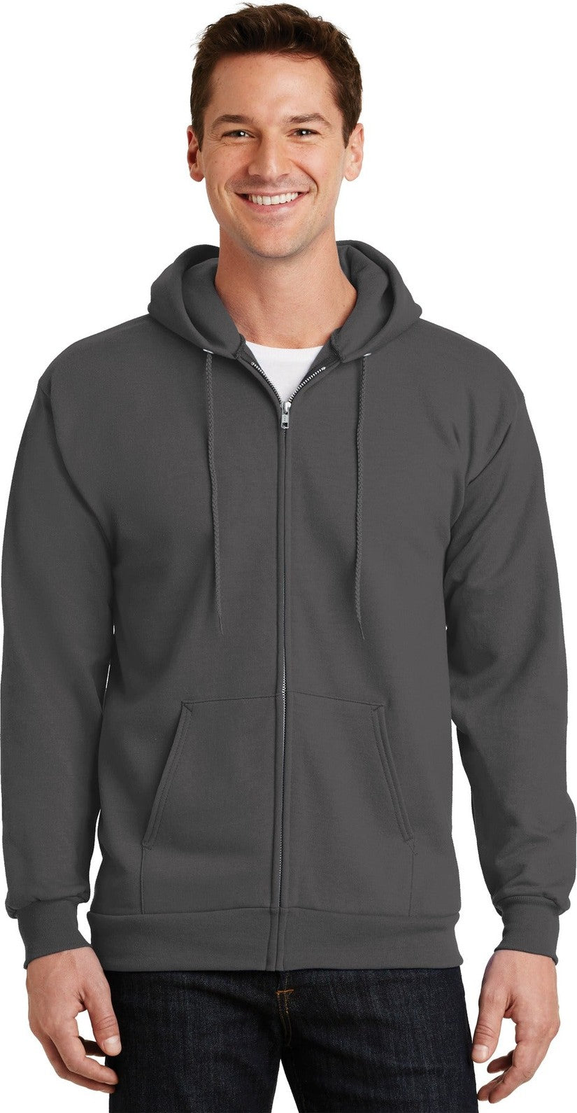 Front View of Charcoal Port & Co Essential Fleece Full-Zip Hooded Sweatshirt. PC90ZH