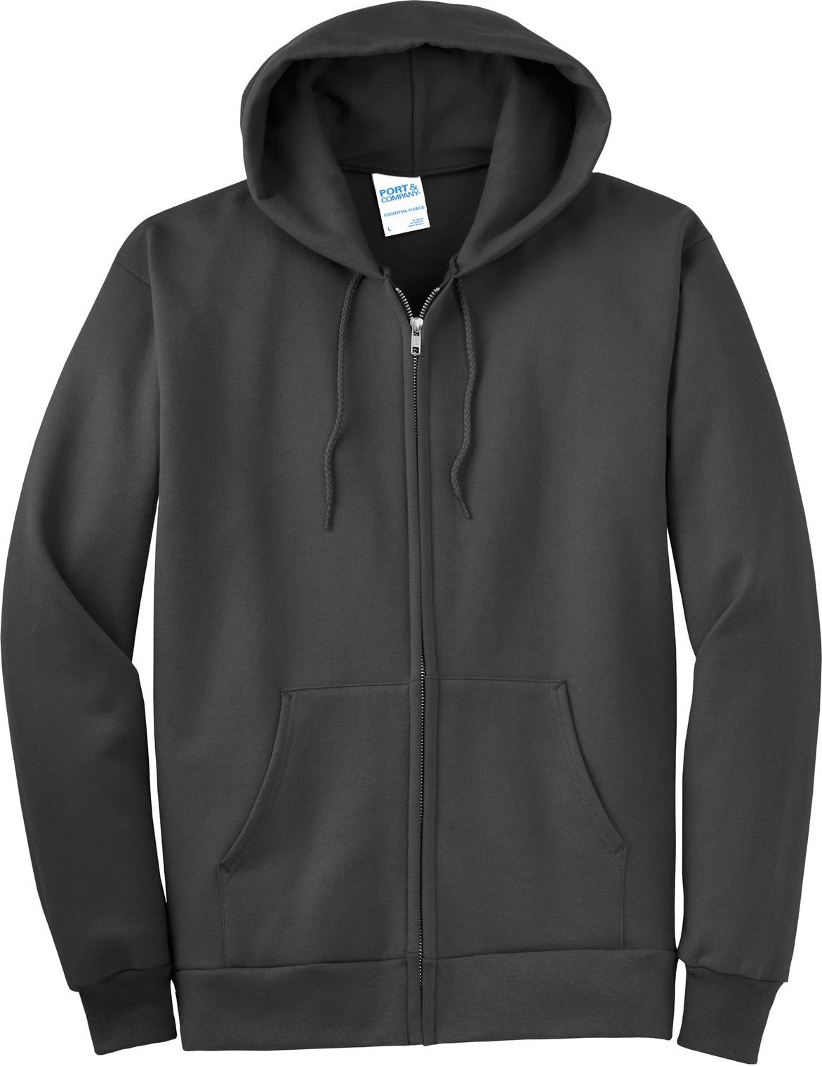 Front View of Charcoal Port & Co Essential Fleece Full-Zip Hooded Sweatshirt. PC90ZH