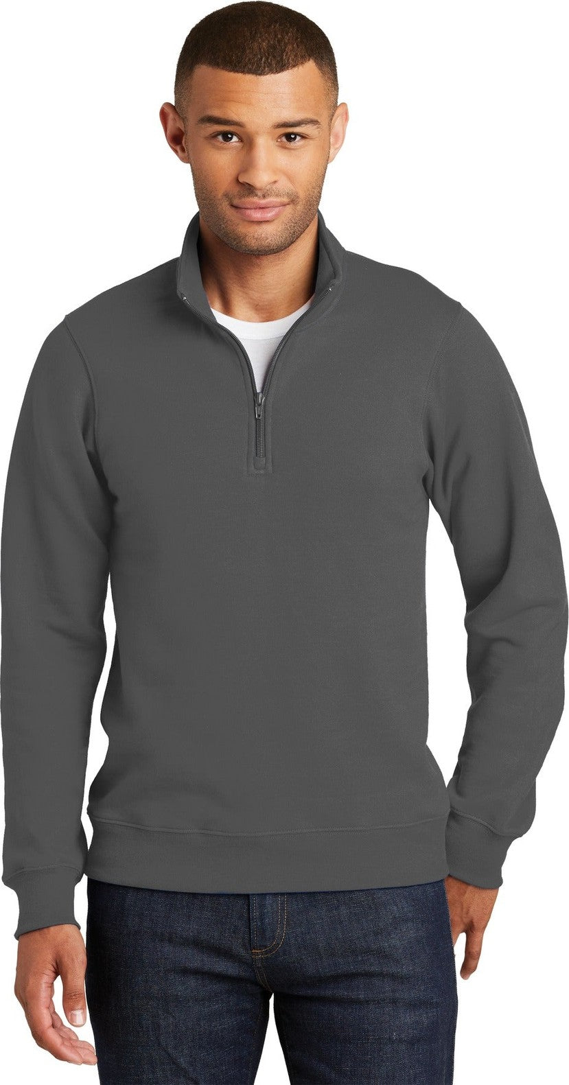 Front View of Charcoal Port & Co Fan Favorite Fleece 1/4-Zip Pullover Sweatshirt. PC850Q