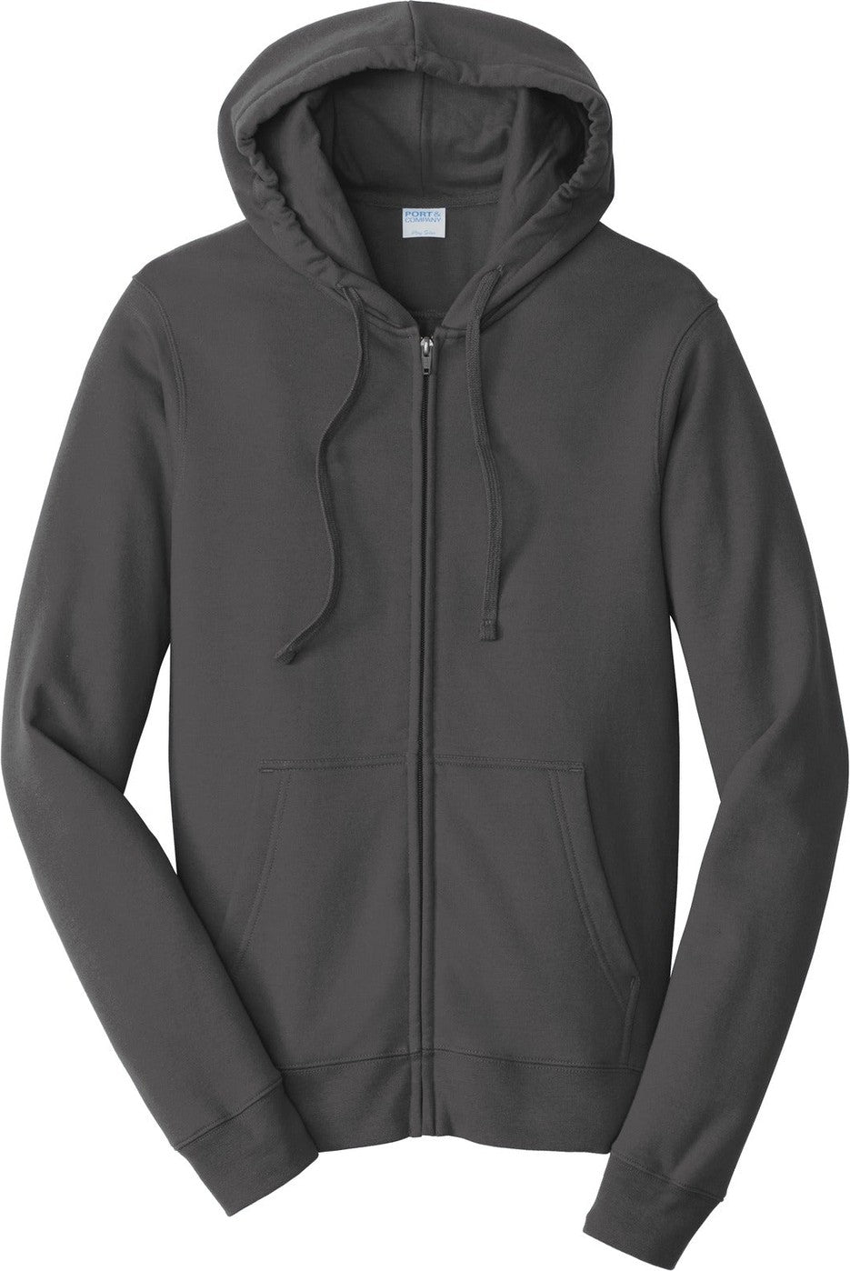 Front View of Charcoal Port & Co Fan Favorite Fleece Full-Zip Hooded Sweatshirt. PC850ZH
