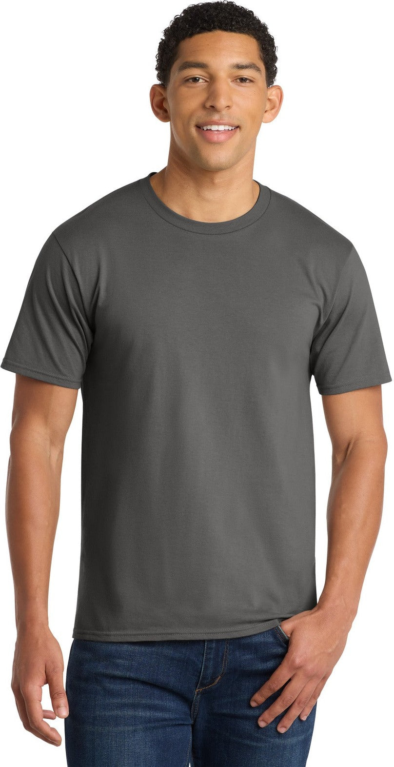 Front View of Charcoal Port & Co Fan Favorite Tee. PC450