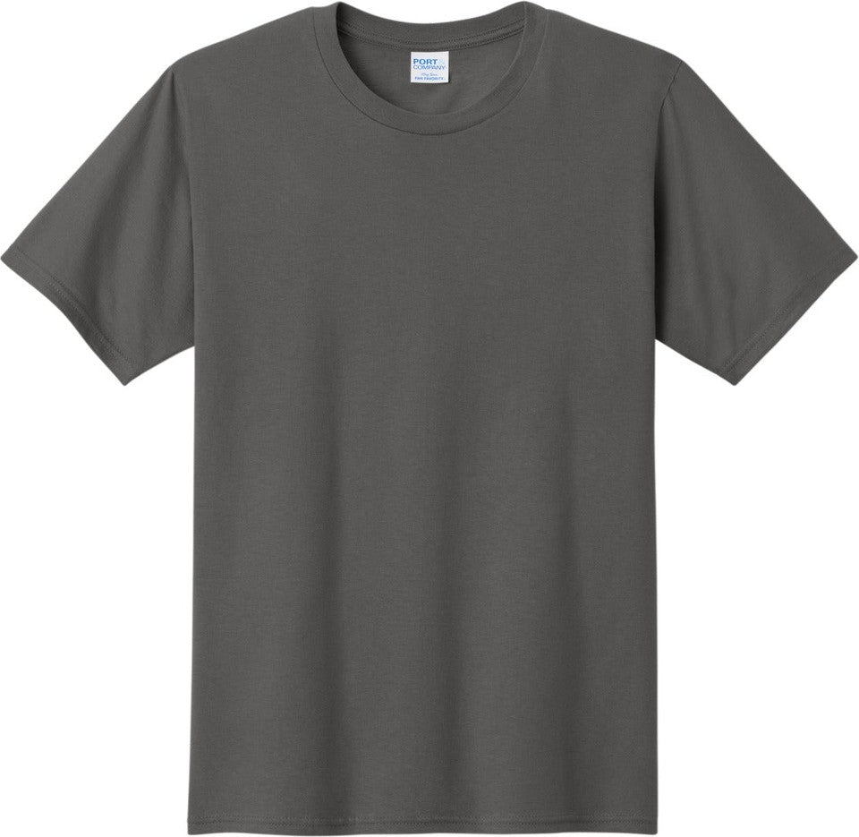 Front View of Charcoal Port & Co Fan Favorite Tee. PC450