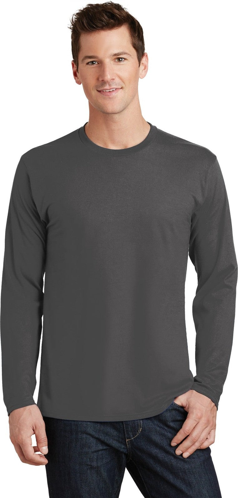 Front View of Charcoal Port & Co Long Sleeve Fan Favorite Tee. PC450LS