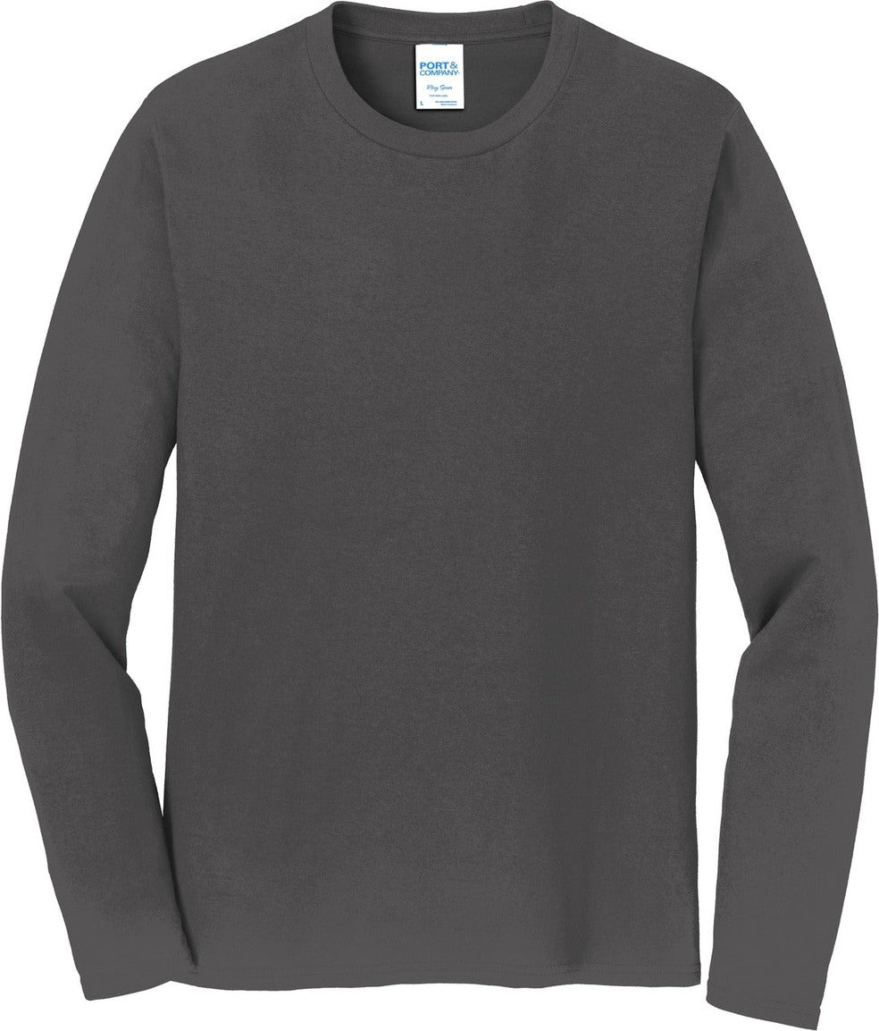 Front View of Charcoal Port & Co Long Sleeve Fan Favorite Tee. PC450LS