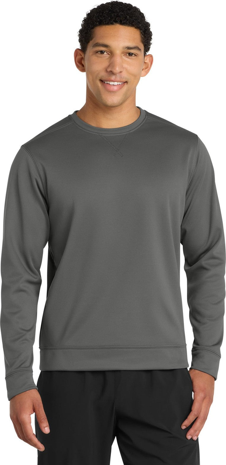 Front View of Charcoal Port & Co Performance Fleece Crewneck Sweatshirt. PC590