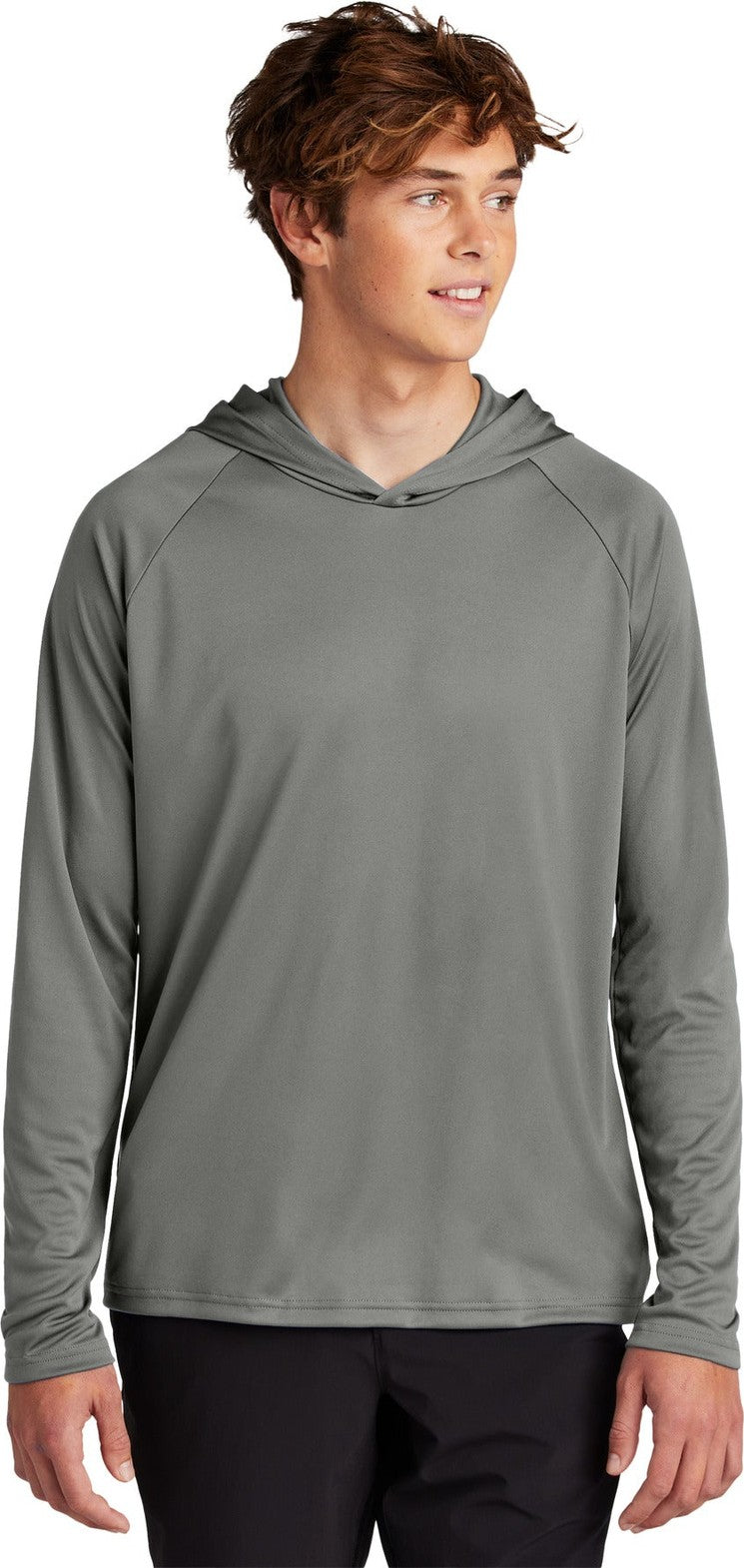 Front View of Charcoal Port & Co Performance Pullover Hooded Tee PC380H