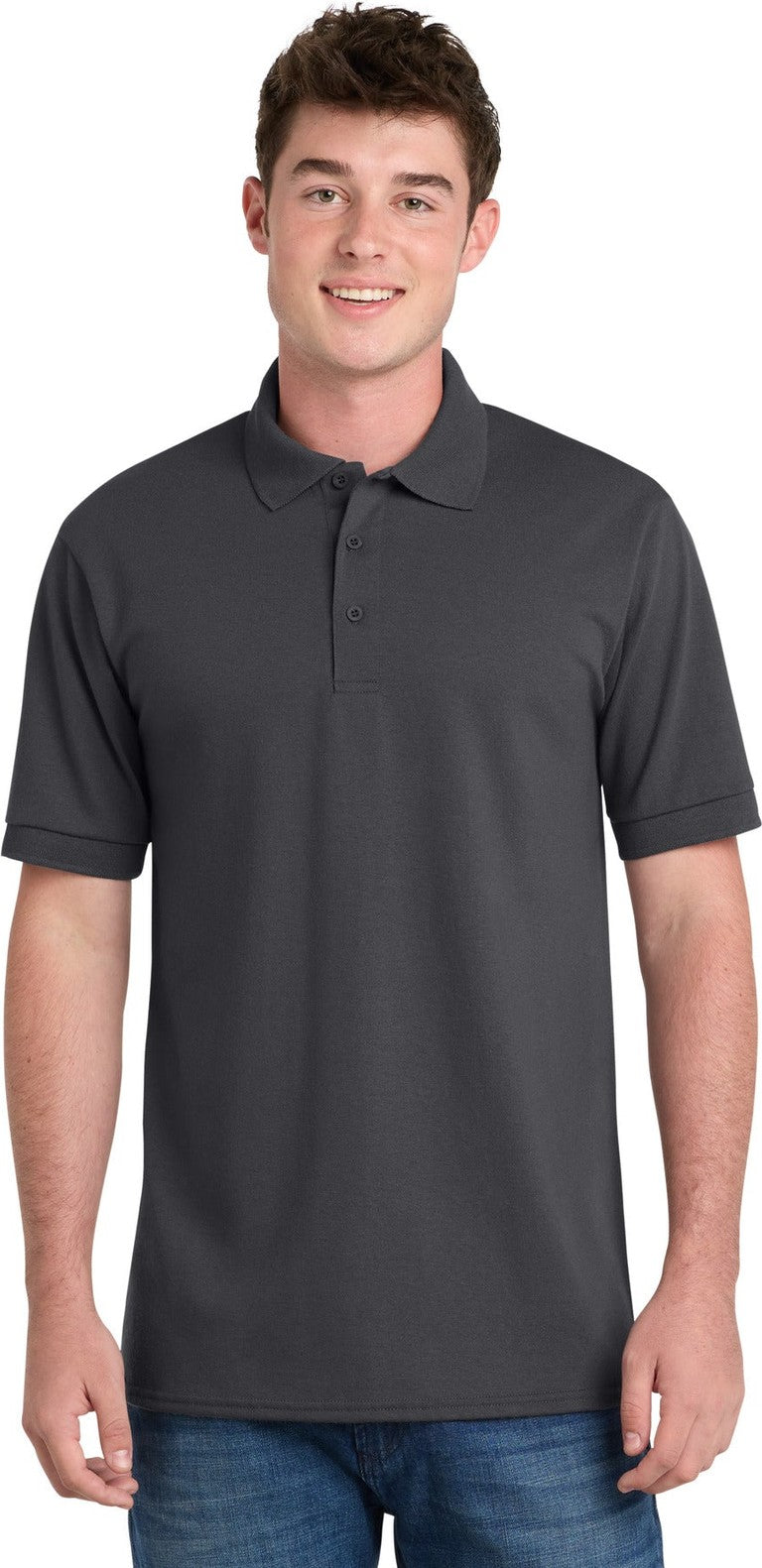 Front View of Charcoal Port & Co Tall Core Blend Jersey Knit Polo. KP55T