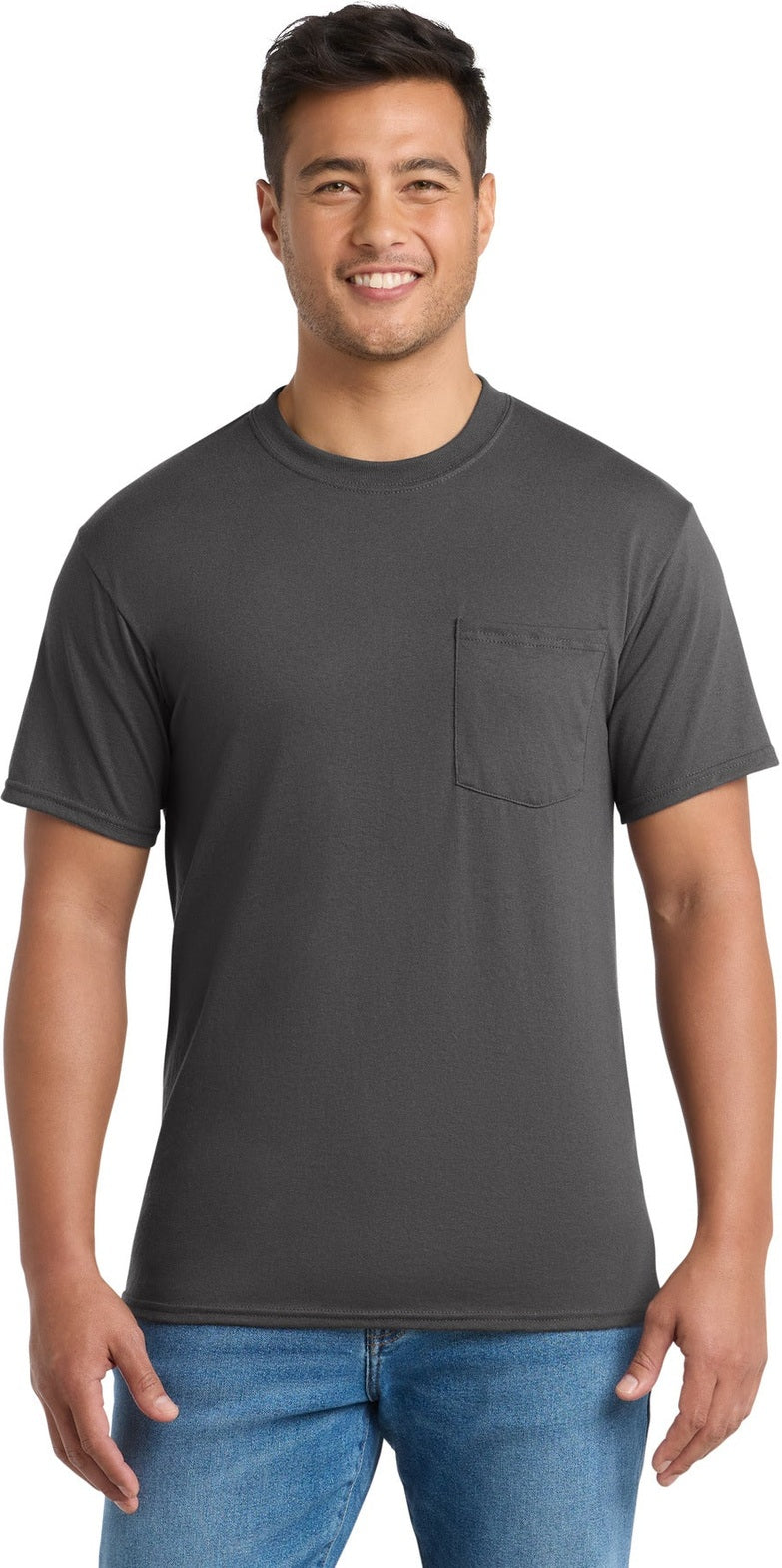 Front View of Charcoal Port & Co Tall Core Blend Pocket Tee. PC55PT