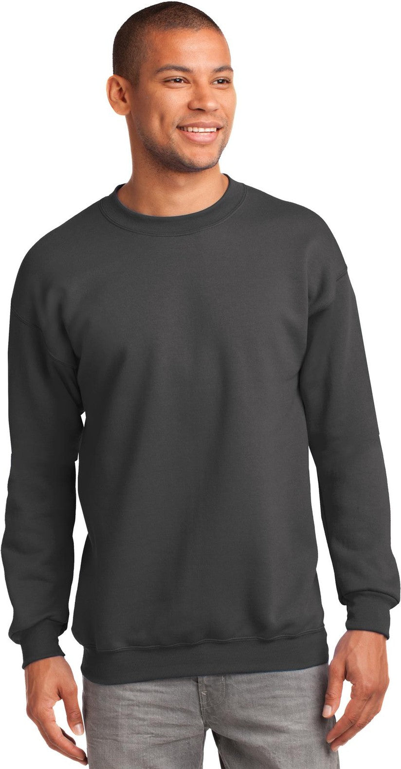 Front View of Charcoal Port & Co Tall Essential Fleece Crewneck Sweatshirt. PC90T