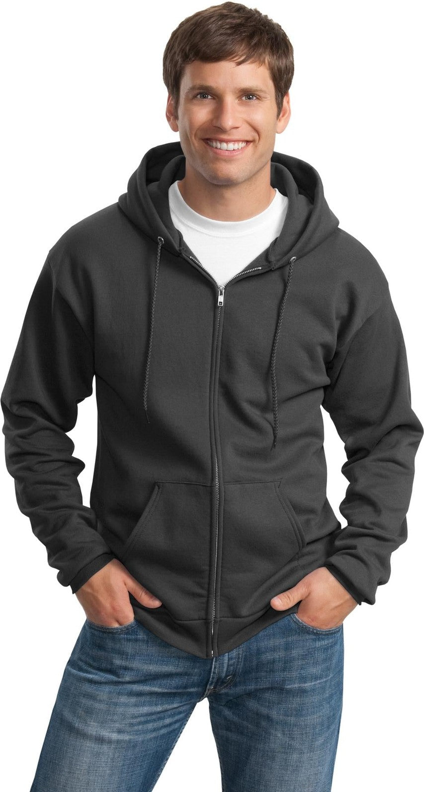 Front View of Charcoal Port & Co Tall Essential Fleece Full-Zip Hooded Sweatshirt. PC90ZHT