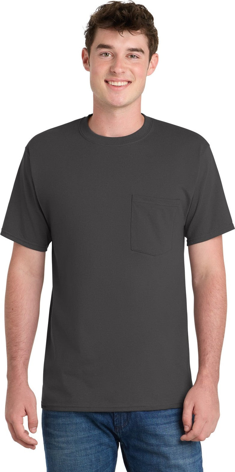 Front View of Charcoal Port & Co Tall Essential Pocket Tee. PC61PT
