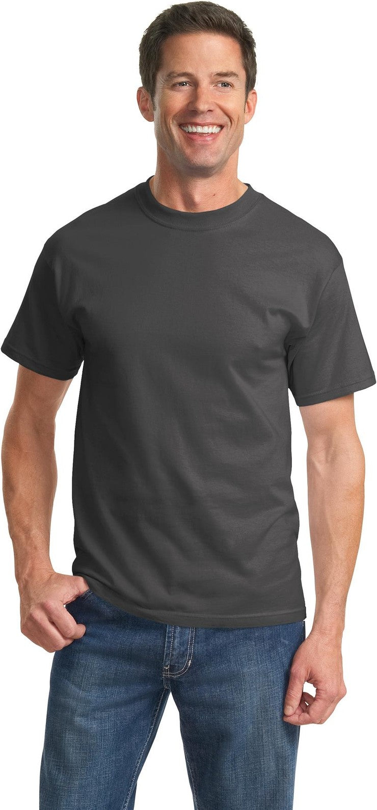 Front View of Charcoal Port & Co Tall Essential Tee. PC61T