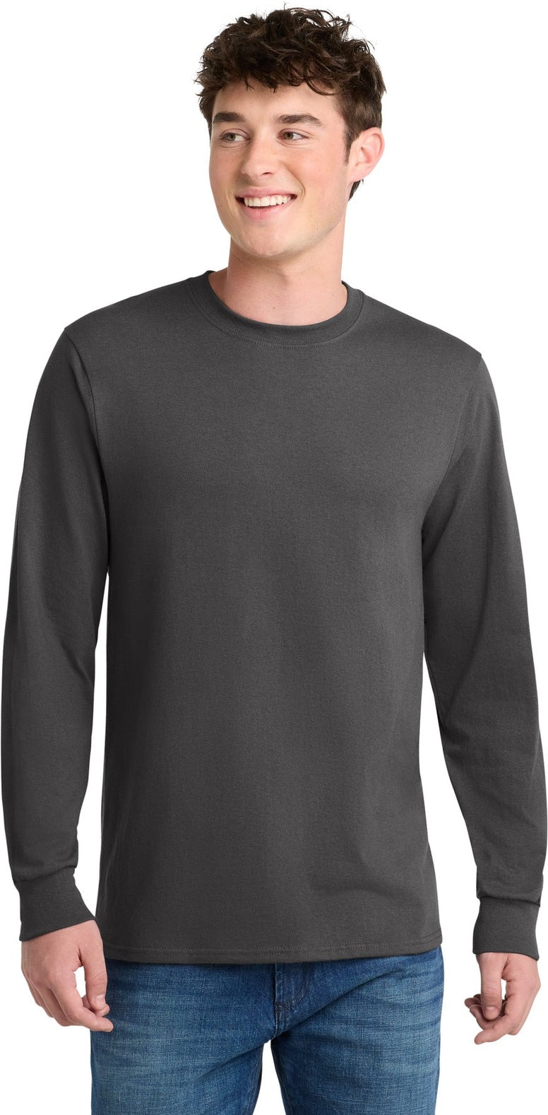 Front View of Charcoal Port & Co Tall Long Sleeve Core Blend Tee. PC55LST