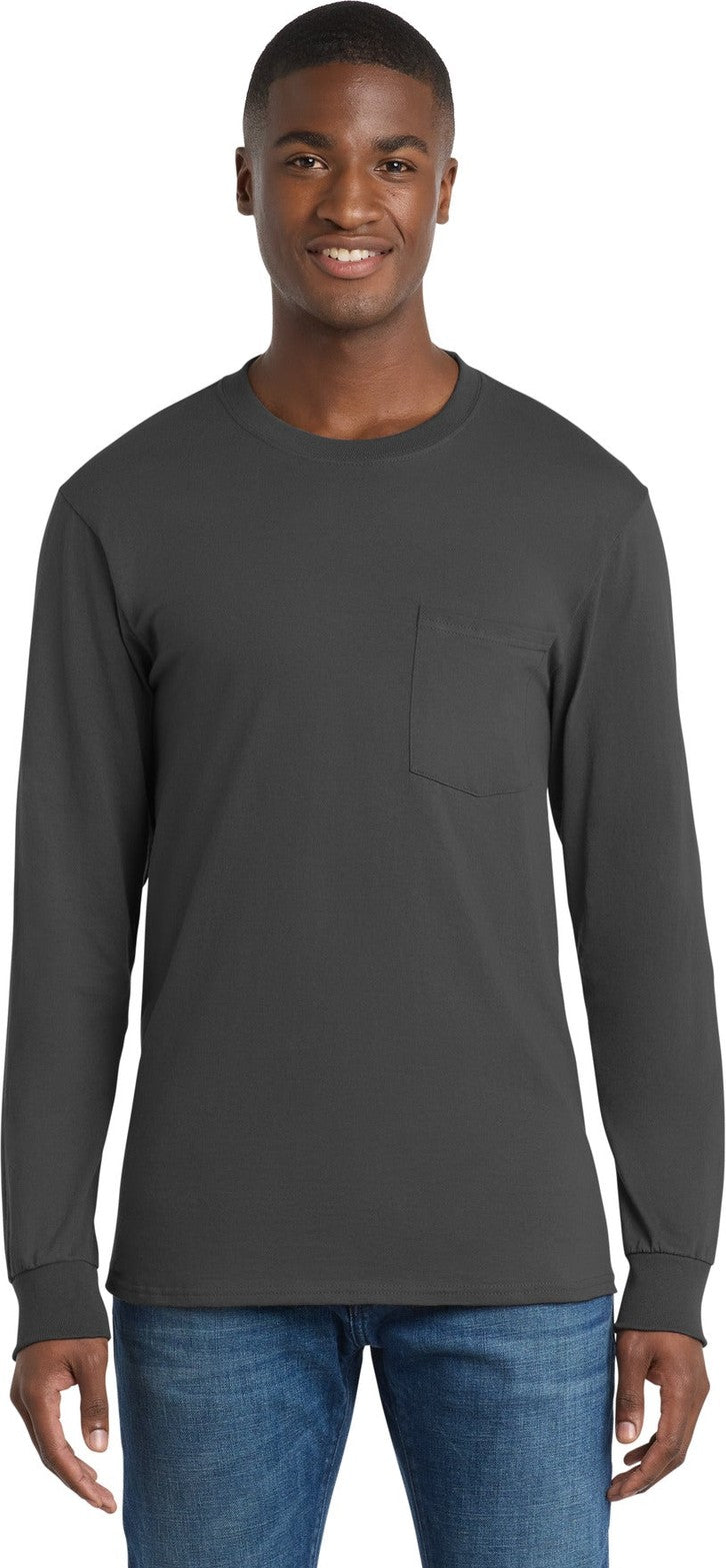 Front View of Charcoal Port & Co Tall Long Sleeve Essential Pocket Tee. PC61LSPT