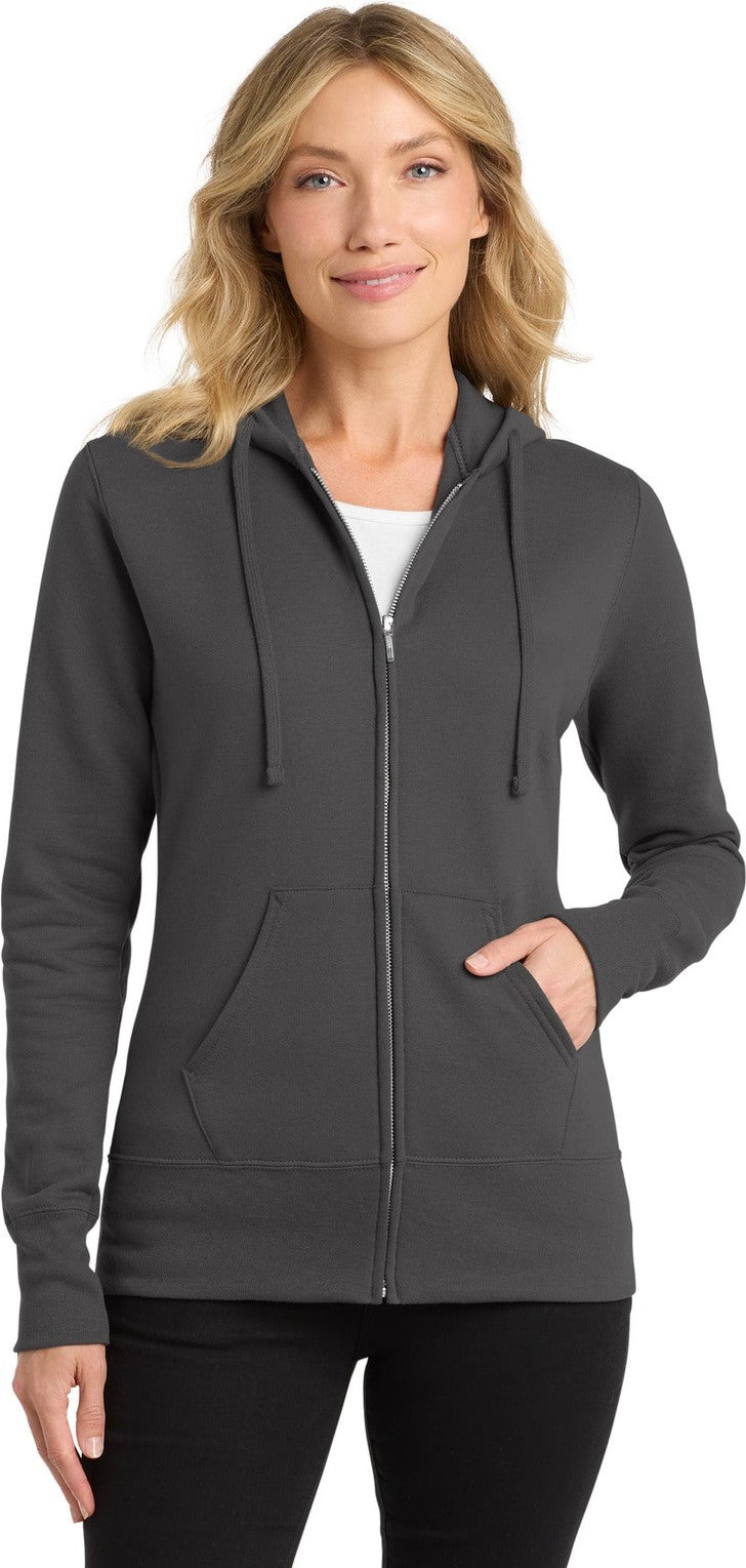 Front View of Charcoal Port & Co Women's Core Fleece Full-Zip Hooded Sweatshirt. LPC78ZH