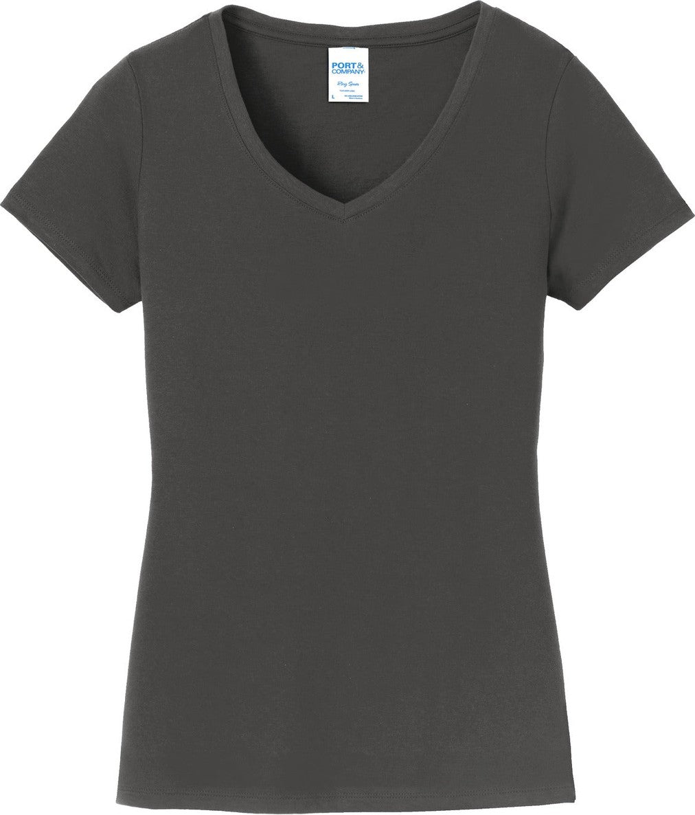 Front View of Charcoal Port & Co Women's Fan Favorite V-Neck Tee. LPC450V