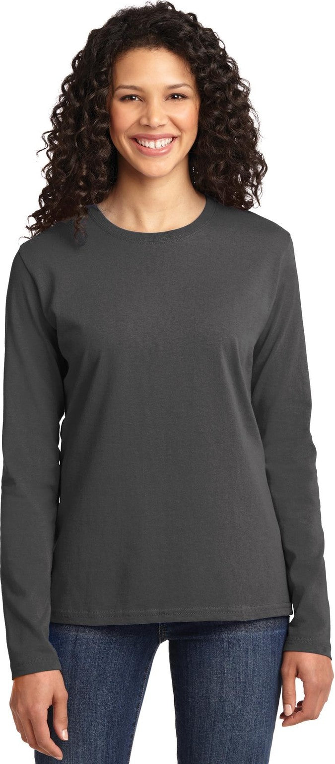 Front View of Charcoal Port & Co Women's Long Sleeve Core Cotton Tee. LPC54LS