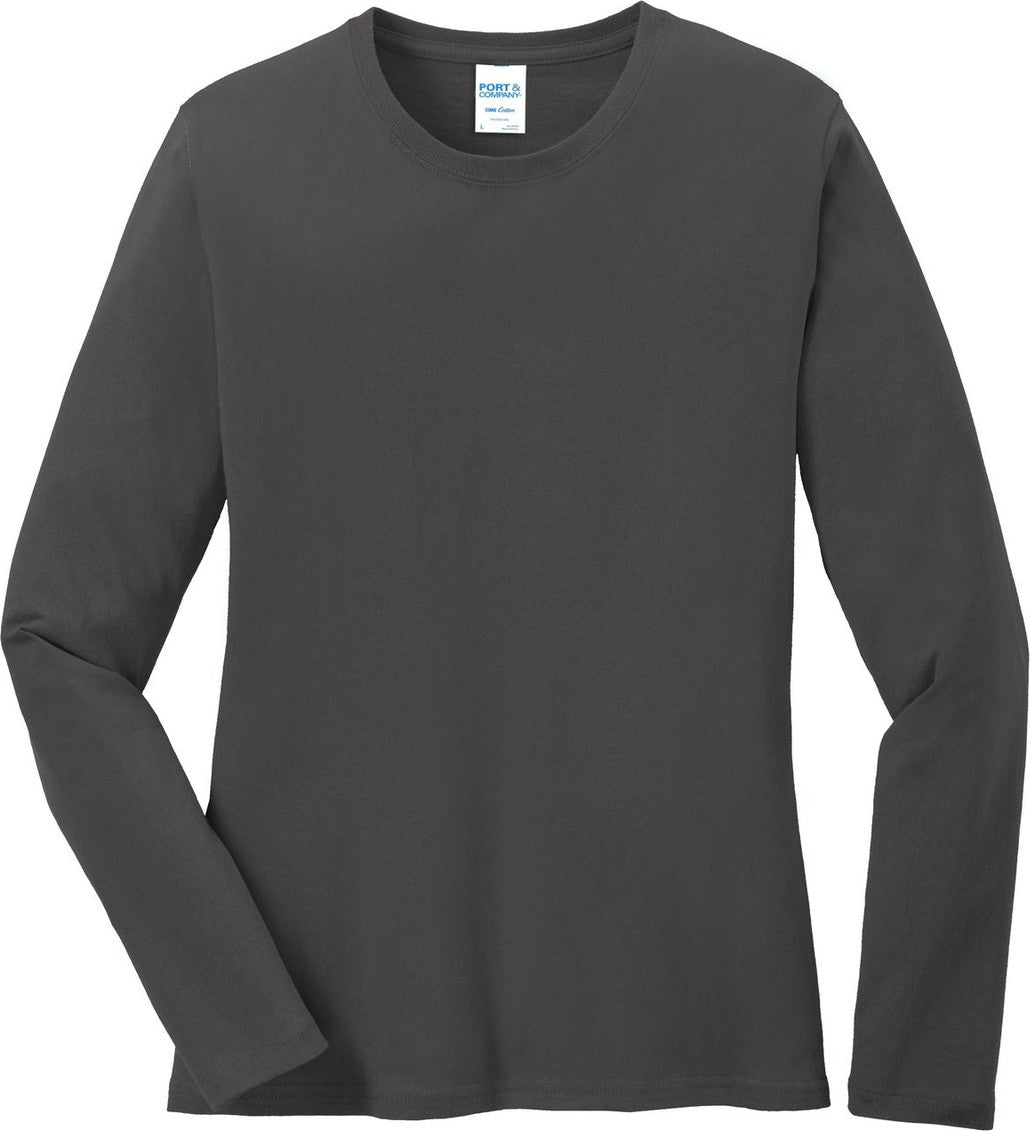 Front View of Charcoal Port & Co Women's Long Sleeve Core Cotton Tee. LPC54LS