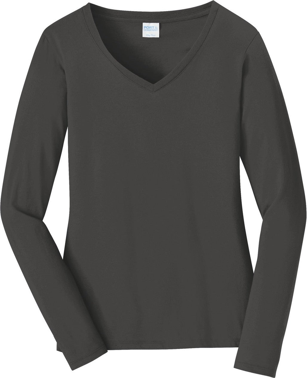 Front View of Charcoal Port & Co Women's Long Sleeve Fan Favorite V-Neck Tee. LPC450VLS