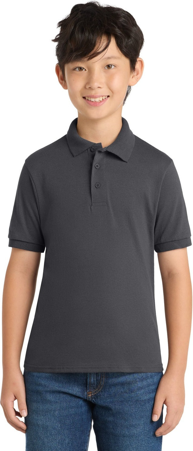 Front View of Charcoal Port & Co Youth Core Blend Jersey Knit Polo. KP55Y