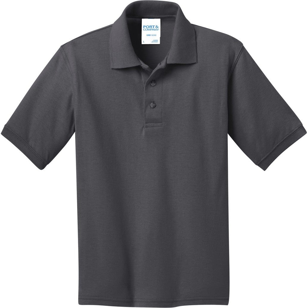 Front View of Charcoal Port & Co Youth Core Blend Jersey Knit Polo. KP55Y