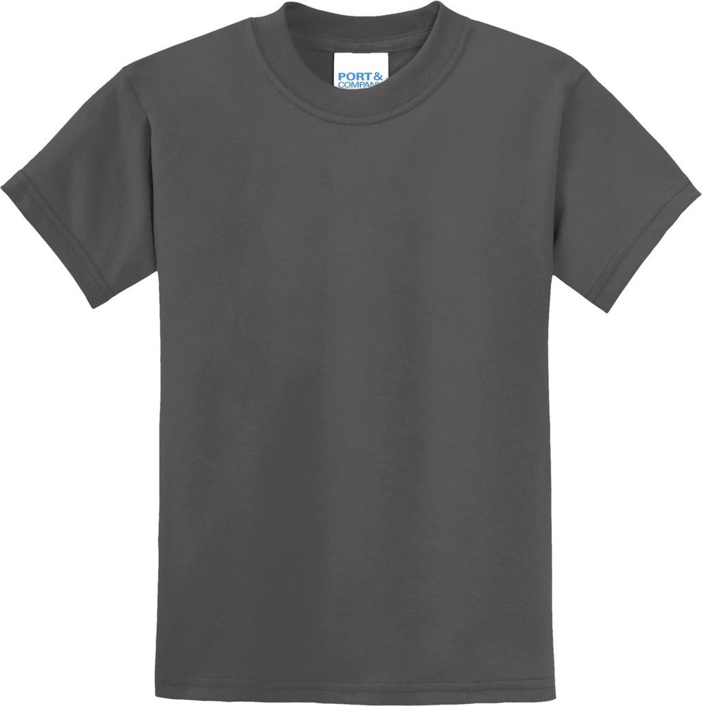 Front View of Charcoal Port & Co Youth Core Blend Tee. PC55Y