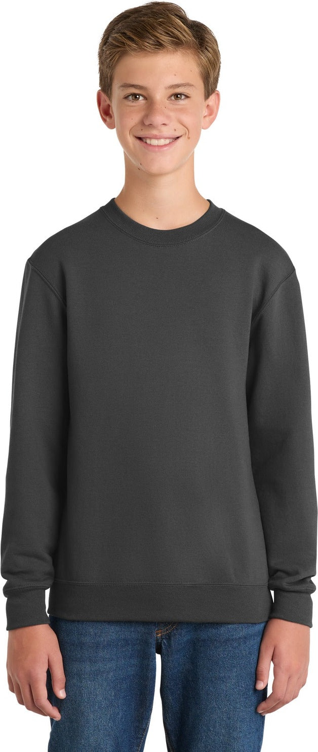 Front View of Charcoal Port & Co Youth Core Fleece Crewneck Sweatshirt. PC90Y