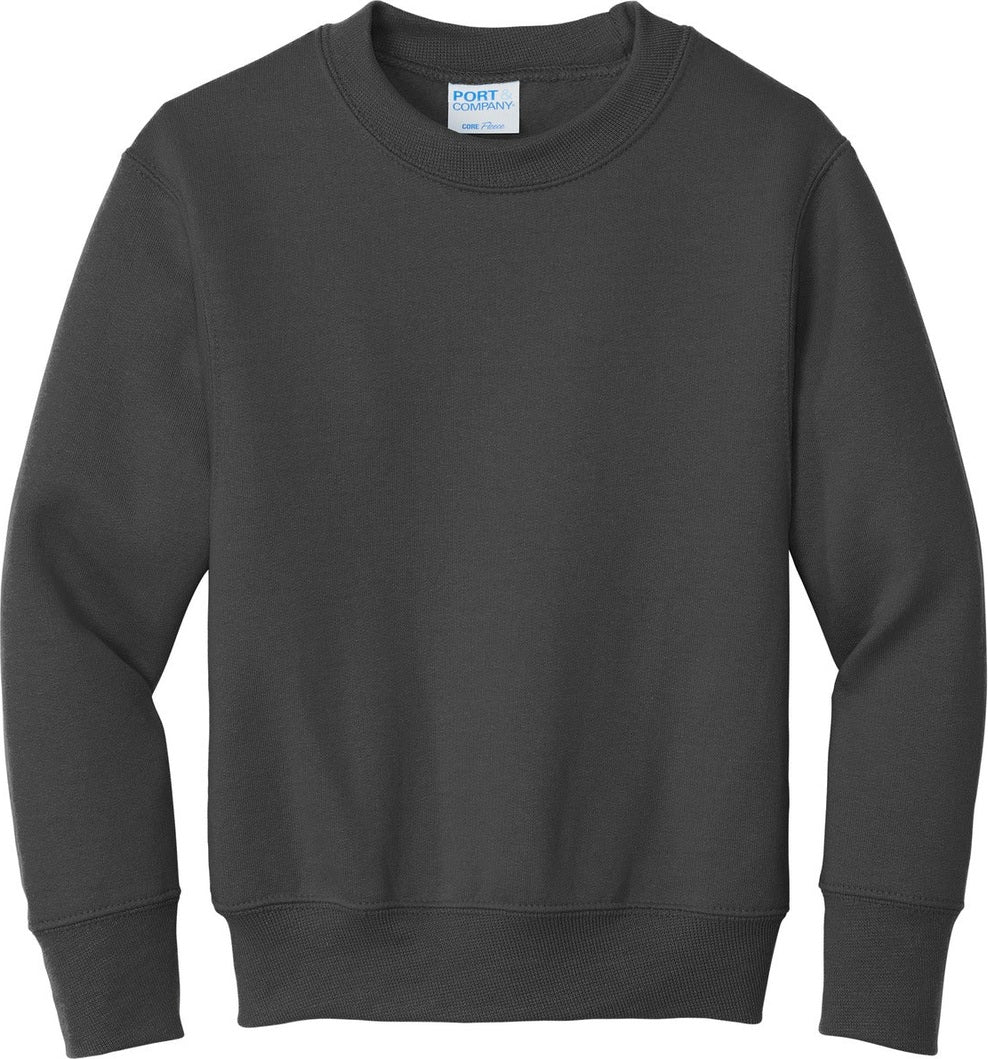 Front View of Charcoal Port & Co Youth Core Fleece Crewneck Sweatshirt. PC90Y