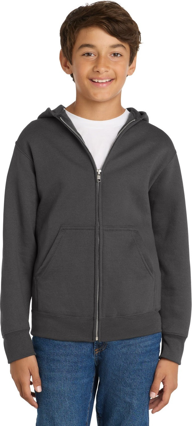 Front View of Charcoal Port & Co Youth Core Fleece Full-Zip Hooded Sweatshirt. PC90YZH