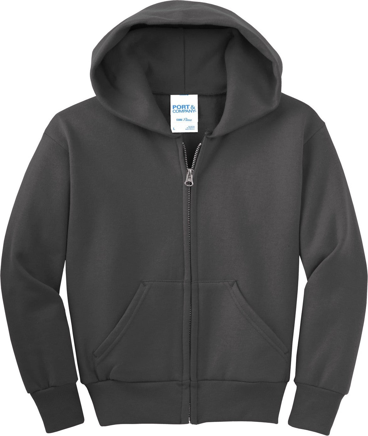 Front View of Charcoal Port & Co Youth Core Fleece Full-Zip Hooded Sweatshirt. PC90YZH