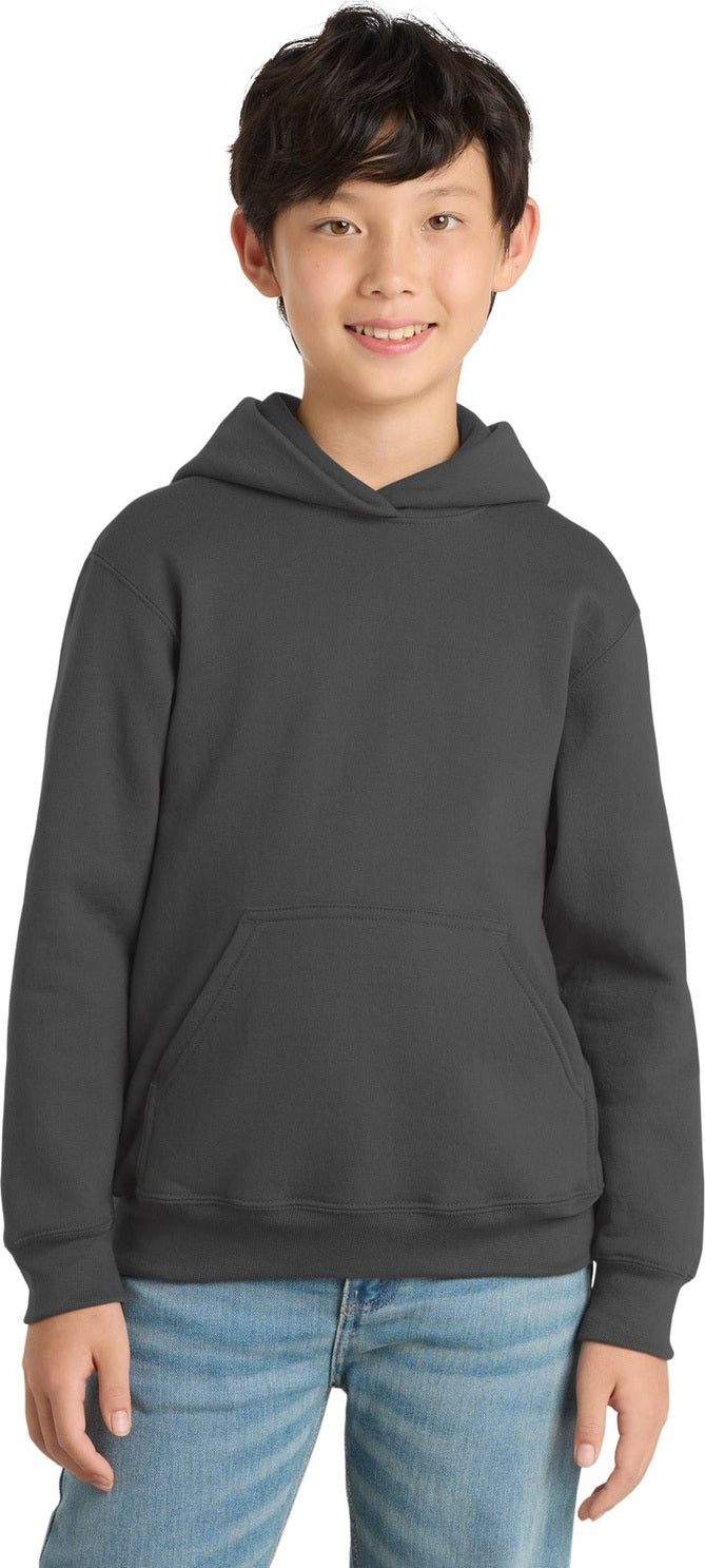 Front View of Charcoal Port & Co Youth Core Fleece Pullover Hooded Sweatshirt. PC90YH