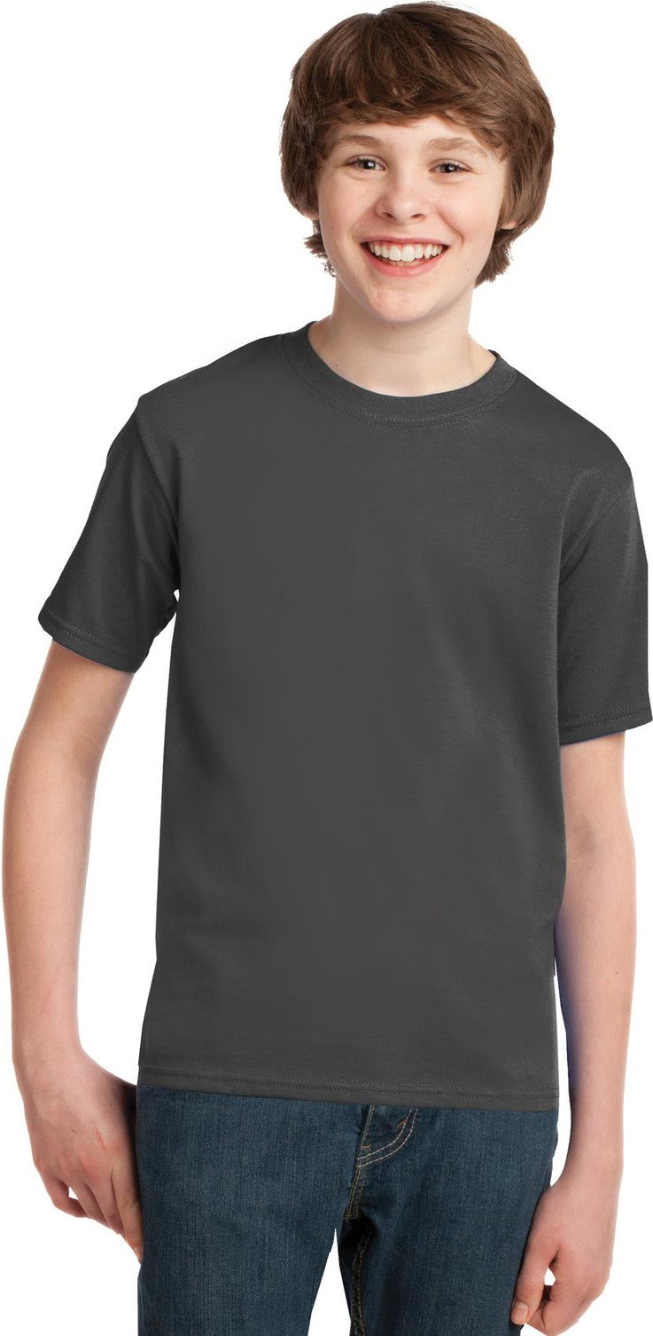 Front View of Charcoal Port & Co Youth Essential Tee. PC61Y