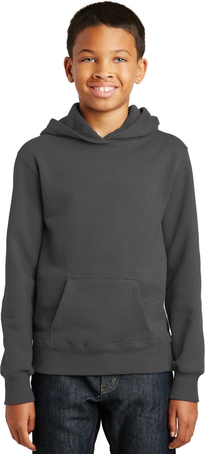 Front View of Charcoal Port & Co Youth Fan Favorite Fleece Pullover Hooded Sweatshirt. PC850YH