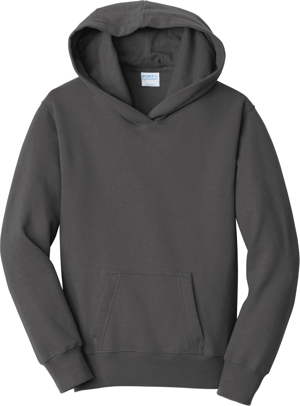 Front View of Charcoal Port & Co Youth Fan Favorite Fleece Pullover Hooded Sweatshirt. PC850YH