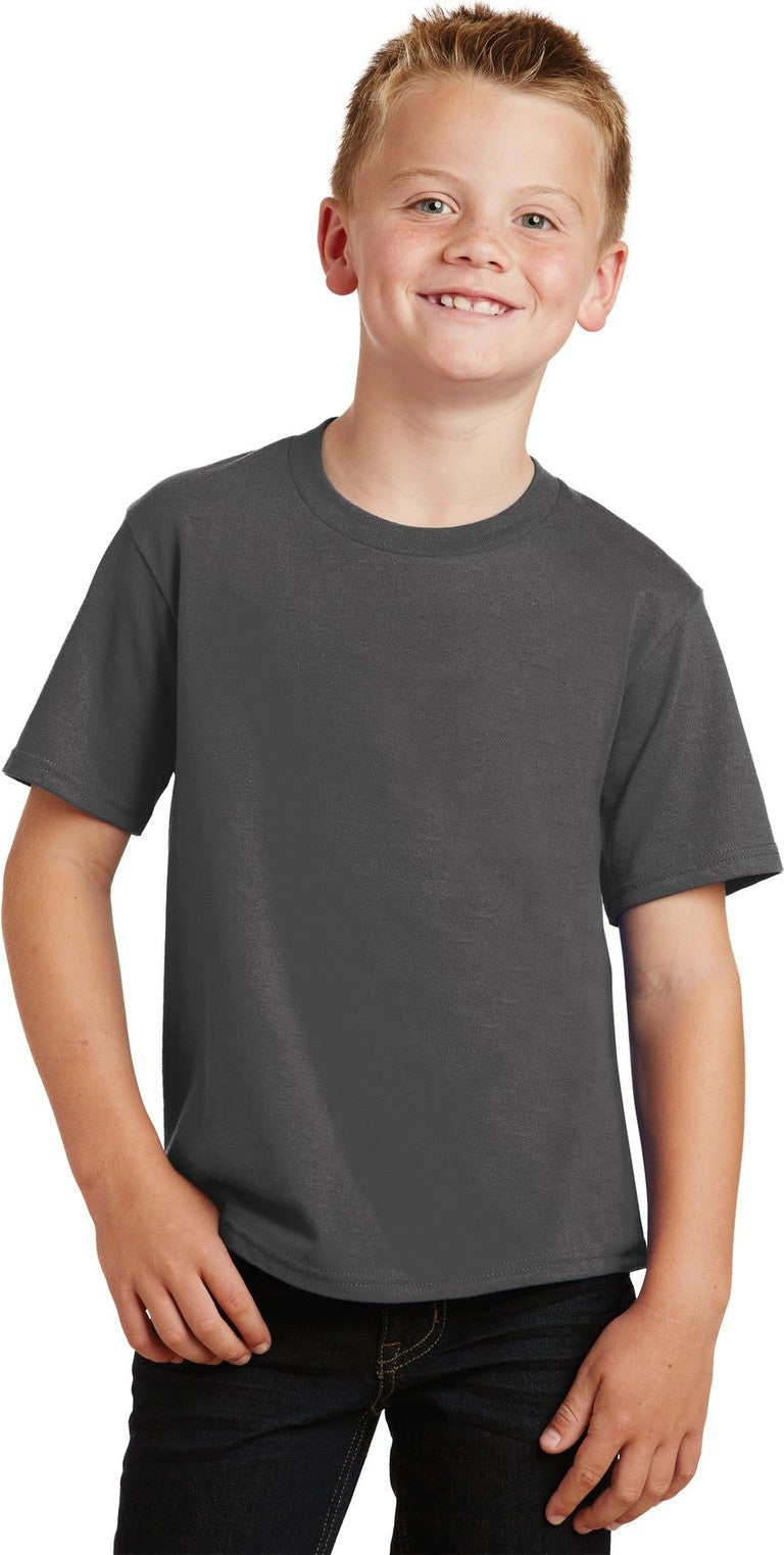 Front View of Charcoal Port & Co Youth Fan Favorite Tee. PC450Y