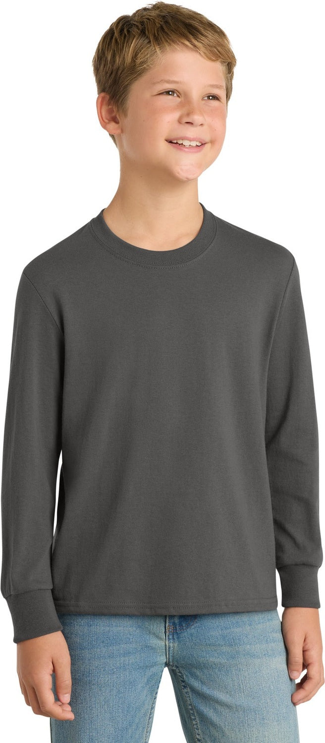 Front View of Charcoal Port & Co Youth Long Sleeve Core Cotton Tee. PC54YLS