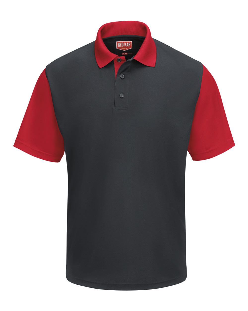 Front View of Charcoal/ Red Short Sleeve Performance Knit Color-Block Polo - SK56