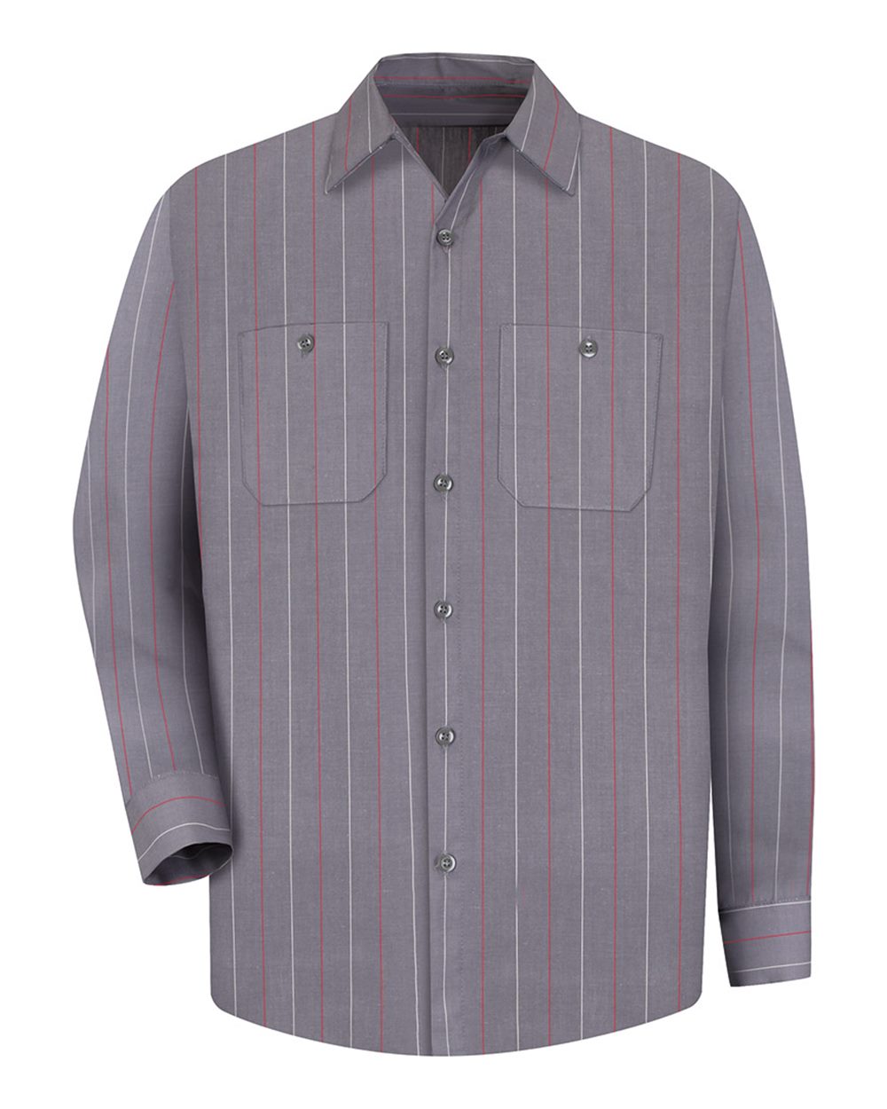 Front View of Charcoal/ Red/ White Stripe Industrial Long Sleeve Work Shirt - SP14