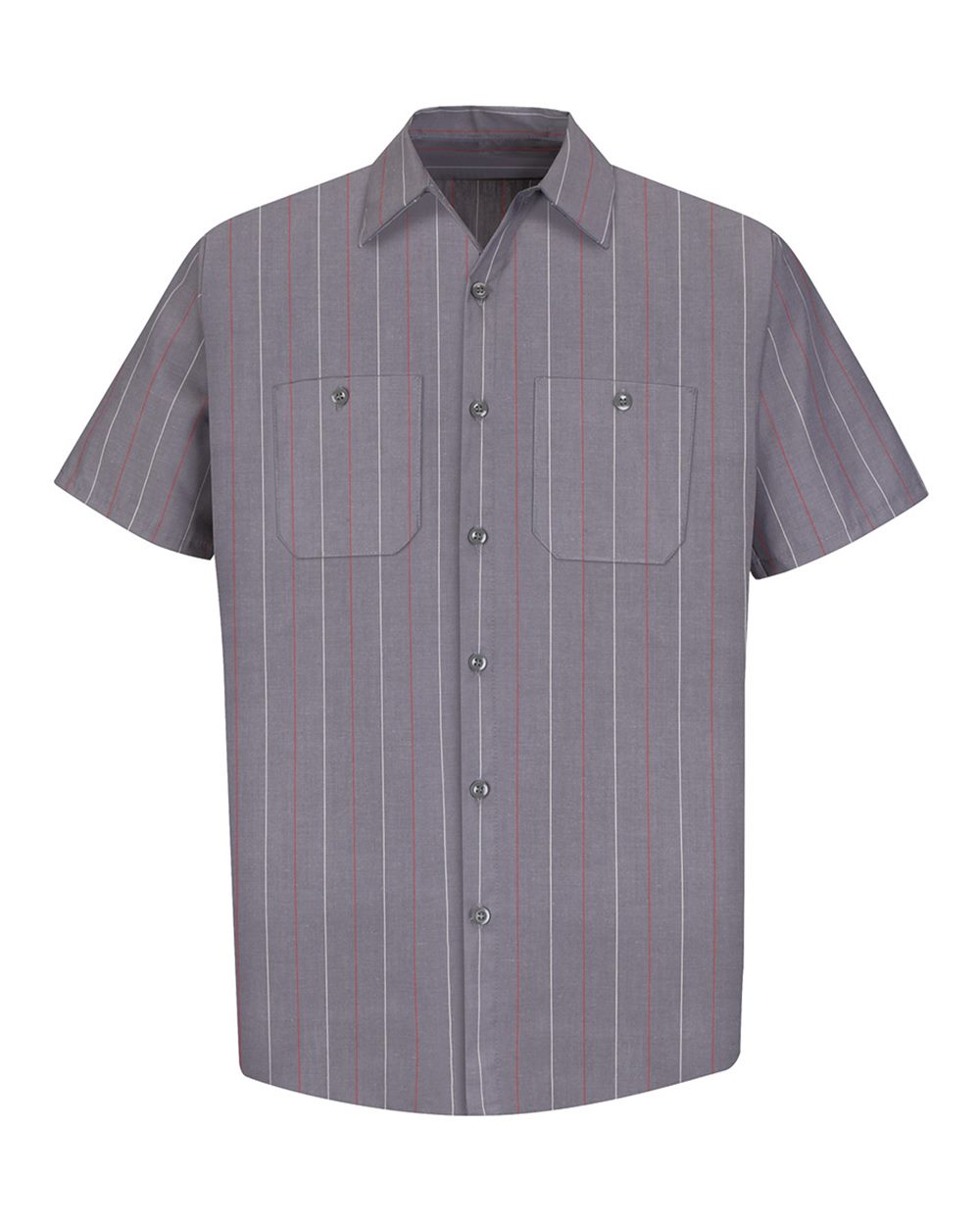 Front View of Charcoal/ Red/ White Stripe Industrial Short Sleeve Work Shirt - SP24