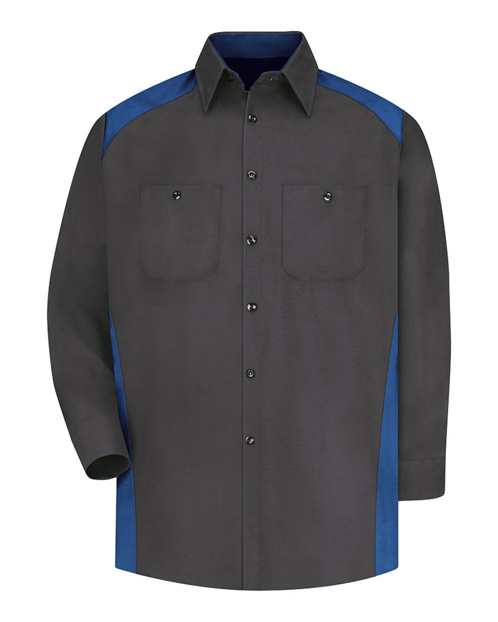 Front View of Charcoal/ Royal Long Sleeve Motorsports Shirt - SP18