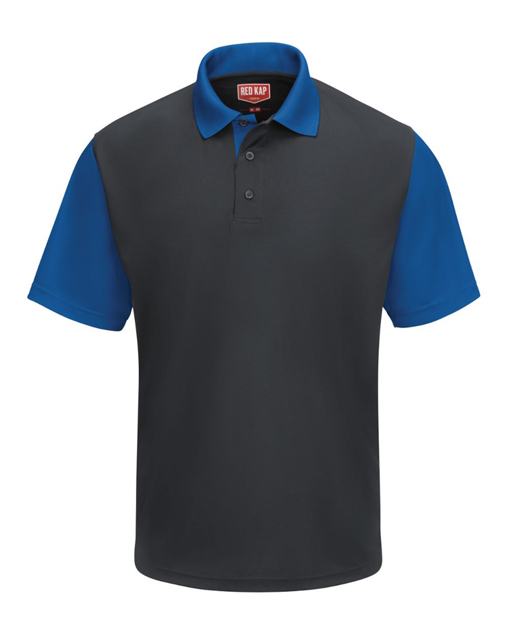 Front View of Charcoal/ Royal Short Sleeve Performance Knit Color-Block Polo - SK56