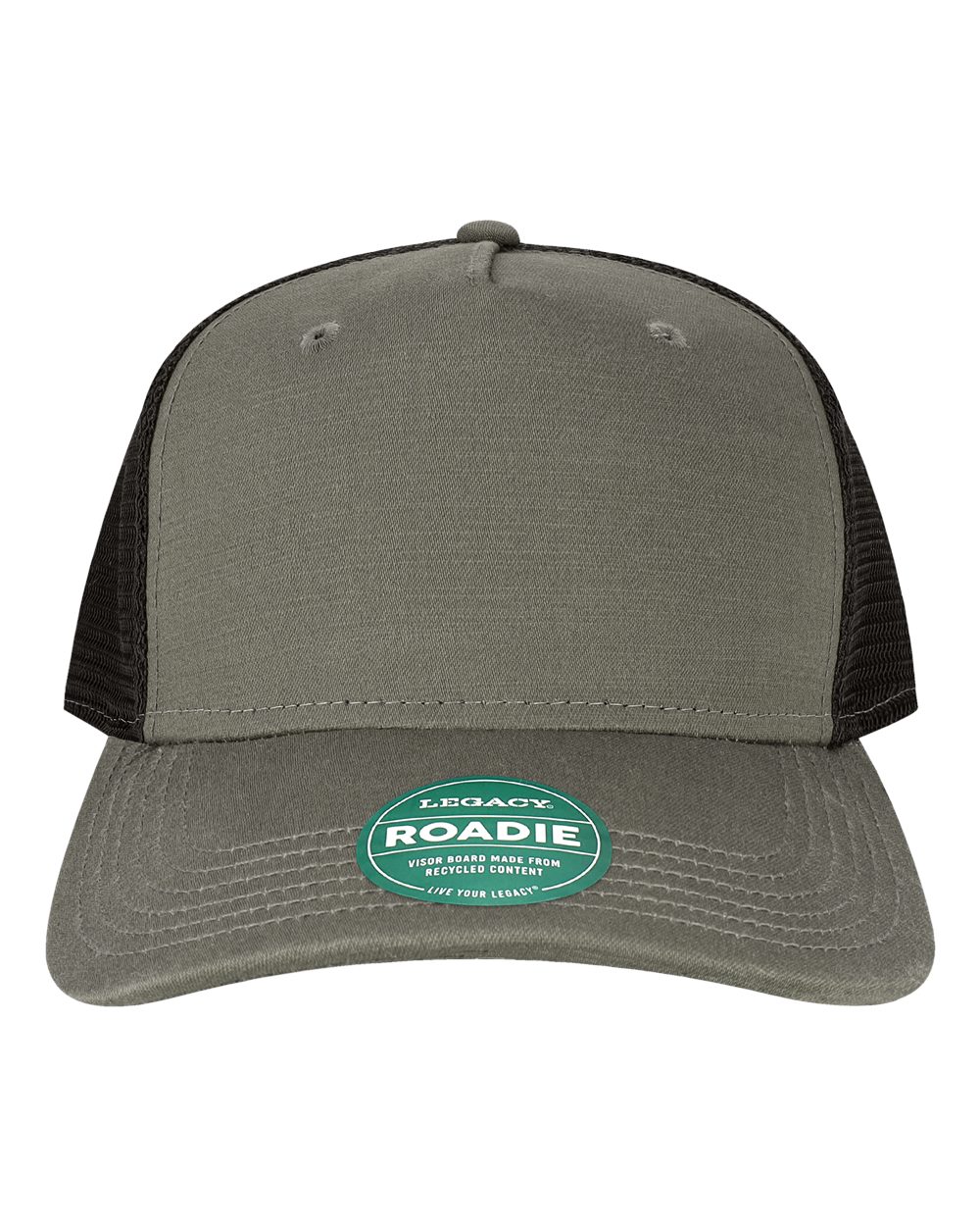 Front View of Charcoal Slub/ Black Five-Panel Trucker Cap - ROADIE