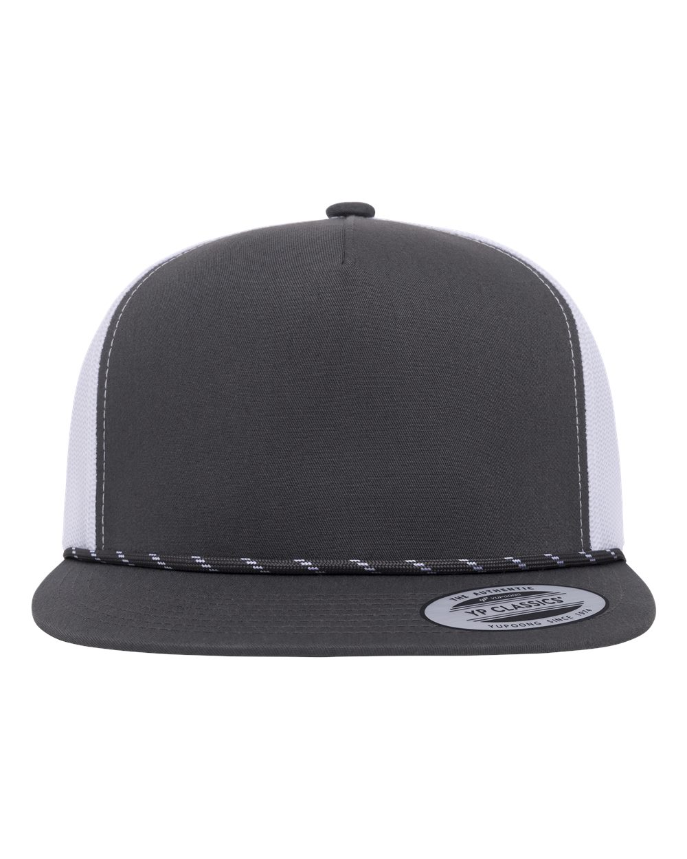 Front View of Charcoal/ White Classic Five-Panel Trucker Rope Cap - 6006BD
