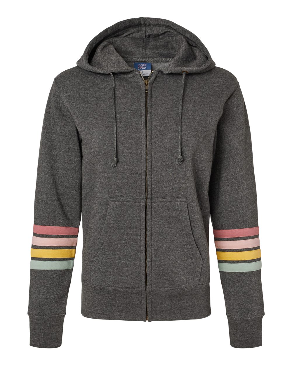 Front View of Charcoal Women's Striped Sleeves Full-Zip Hooded Sweatshirt - W22732
