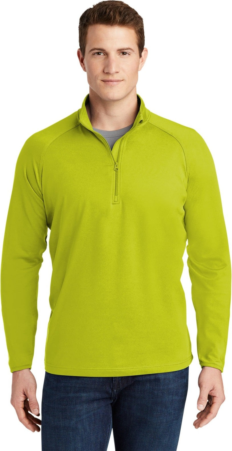 Front View of Charge Green Sport-Tek Sport-Wick Stretch 1/4-Zip Pullover. ST850