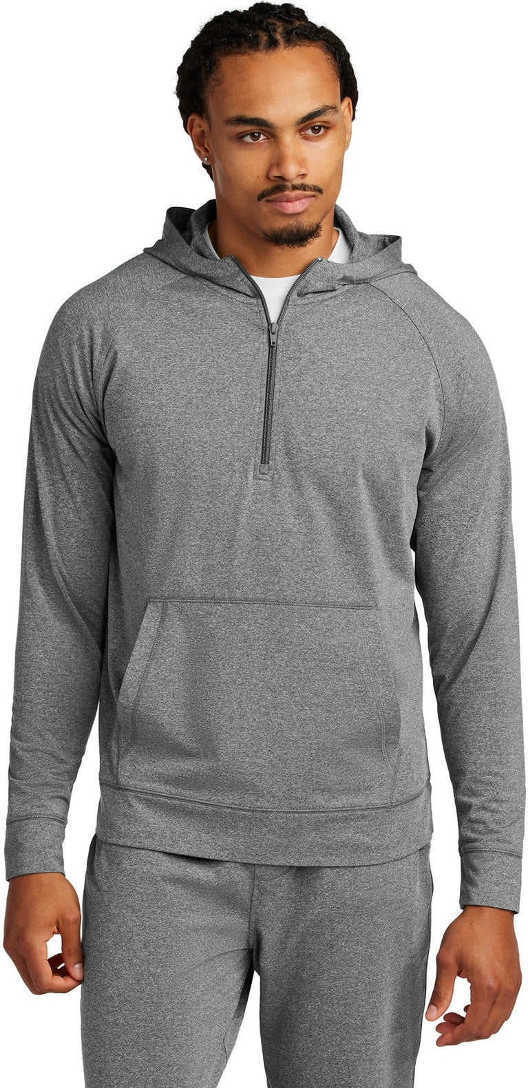 Front View of CharGreyHt Sport-Tek Sport-Wick Stretch 1/2-Zip Hoodie ST856