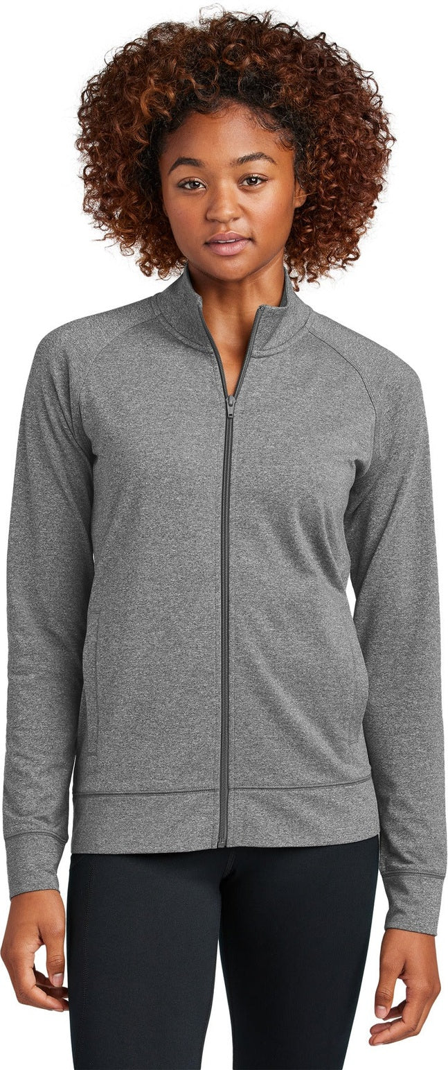 Front View of CharGreyHt Sport-Tek Women's Sport-Wick Stretch Full-Zip Cadet Jacket LST857